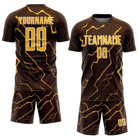 Sports Custom Gold-White Lightning Sublimation Brown Jersey Uniform Soccer