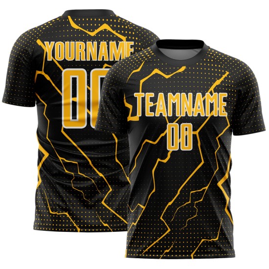 Gold-White Lightning Soccer Custom Uniform Black Sublimation Jersey Sports