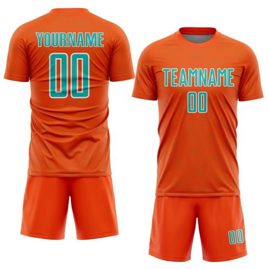 Custom Orange Uniform Sublimation Soccer Jersey Geometric Sports Shape Aqua-White