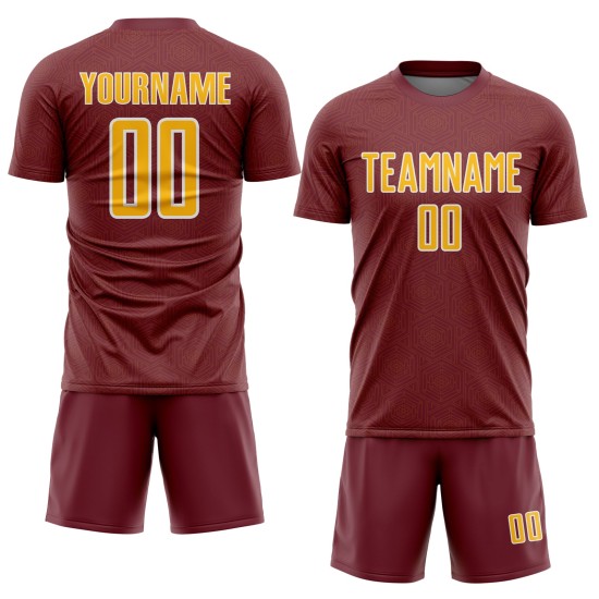 Jersey Custom Burgundy Shape Geometric Uniform Gold-White Sublimation Soccer Sports Jersey Custom Burgundy Shape Geometric Uniform Gold-White Sublimation Soccer Sports