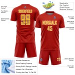 Sublimation Uniform Red Geometric Jersey Shape Soccer Gold-White Custom Sports Sublimation Uniform Red Geometric Jersey Shape Soccer Gold-White Custom Sports
