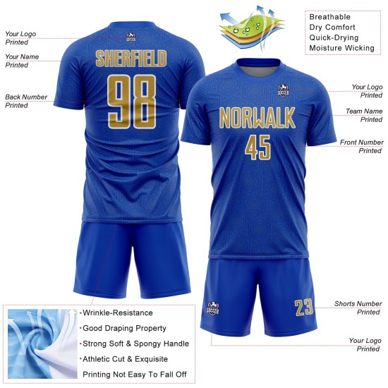 Sports Thunder Soccer Sublimation Shape Blue Geometric Jersey Uniform Gold-White Old Custom Sports Thunder Soccer Sublimation Shape Blue Geometric Jersey Uniform Gold-White Old Custom